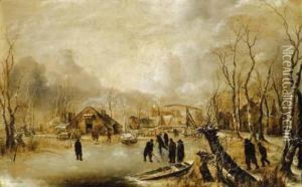 A Winter Landscape Oil Painting - Jan Van De Capelle