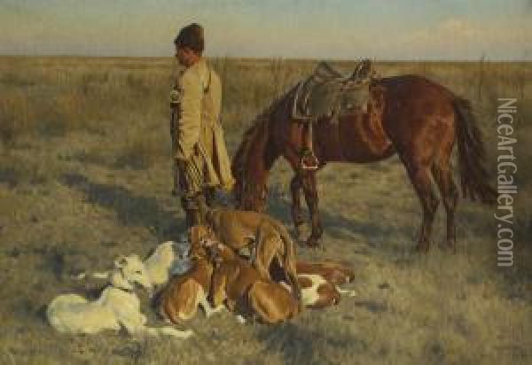 Kosake Mit Pferd Und Hunden In Der Steppe. Oil Painting - Hugo Ungewitter