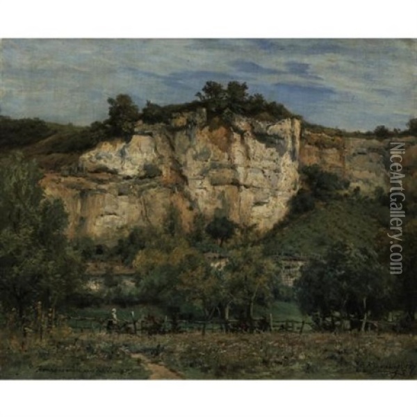 The Cliffs Of Rochecorbon, Near Tours Oil Painting - Charles Euphrasie Kuwasseg
