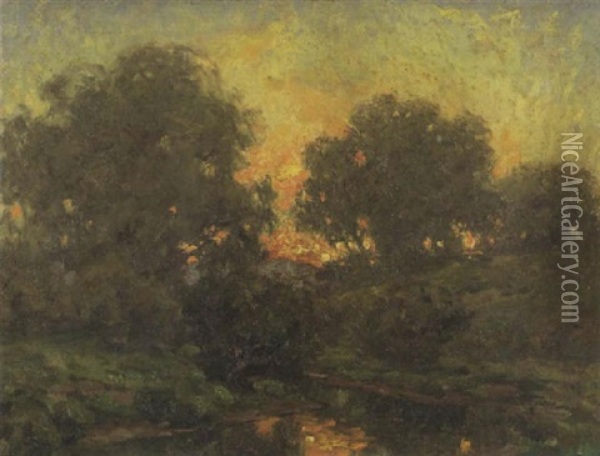 A Sunset Beyond A Grove Of Trees Oil Painting - Granville S. Redmond