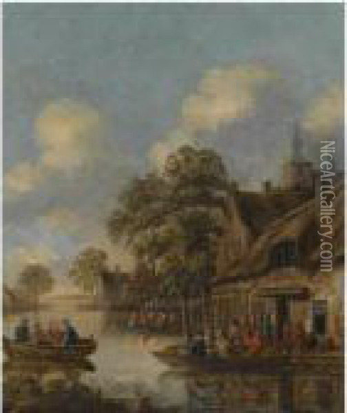 A Riverside Village, With Numerous Figures In Rowing Boats Outsidean Inn Oil Painting - Thomas Heeremans