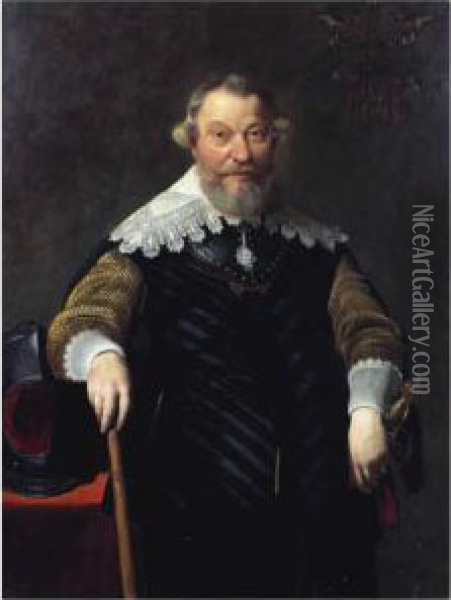 A Portrait Of Wembrich Van 
Berchem (1581-1653), Rear-admiral Of Holland And West-friesland, 
Standing Three-quarter Length, Wearing A Gorget And A Black Costume With
 Gold Sleeves, Next To A Table With A Helmet Oil Painting - Thomas De Keyser
