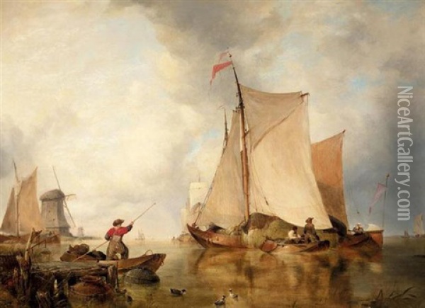 Dutch Boats On A River In Holland Oil Painting - Edward William Cooke