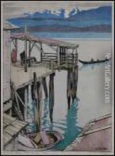 Jim King's Wharf, Alert Bay, Bc Oil Painting - Joseph Walter West