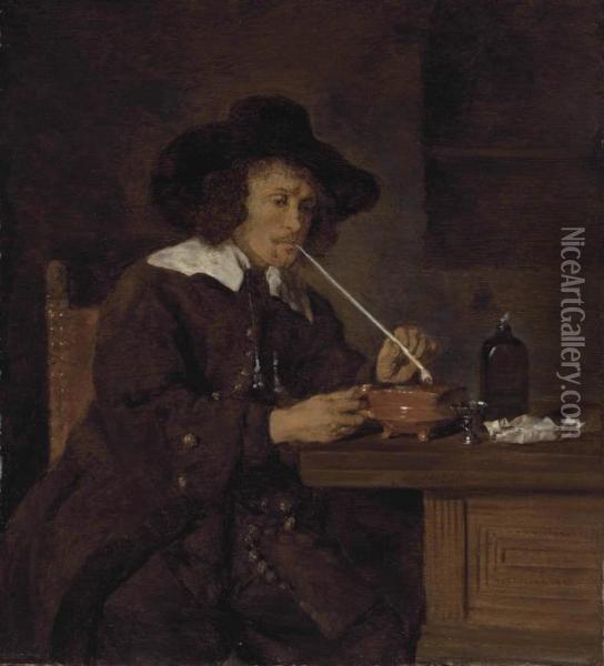 A Smoker Lighting His Pipe Oil Painting - Gabriel Metsu