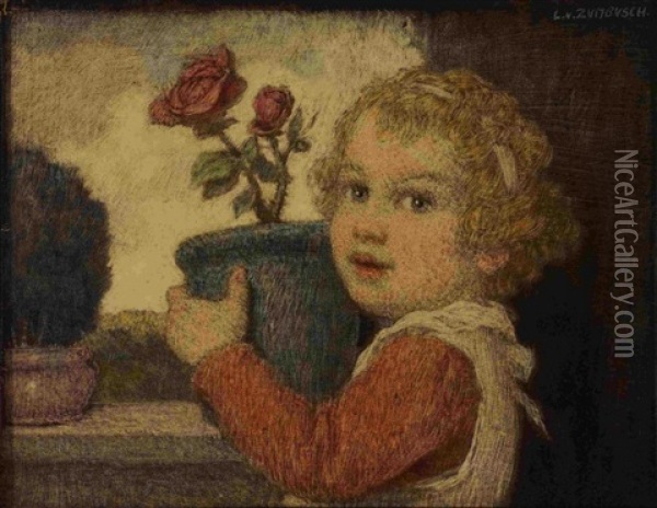 Kind Mit Blumentopf Oil Painting - Ludwig Von Zumbusch