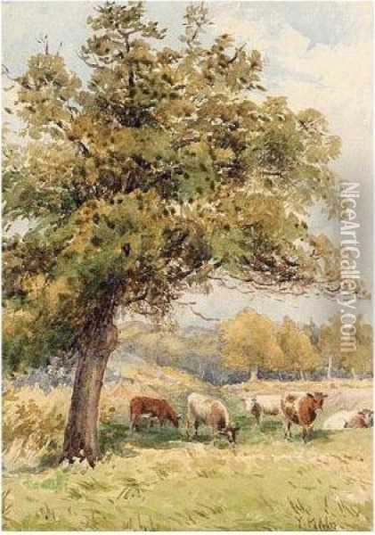 Cattle Grazing; Pastoral Scene Oil Painting - Henry John Yeend King