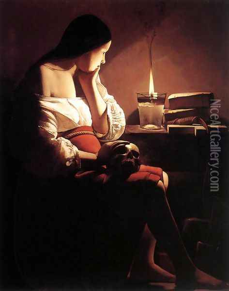 Magdalen with the Smoking Flame c. 1640 Oil Painting - Georges de La Tour