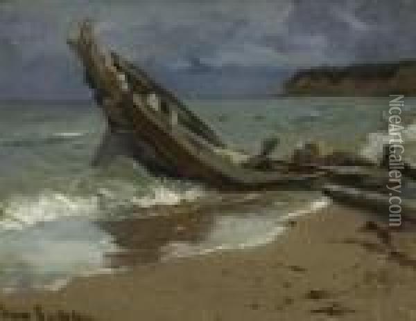 Schiffswrack Am Strand Bei Binz
 Auf Der Insel Rugen. Oil Painting - Hans Von Bartels