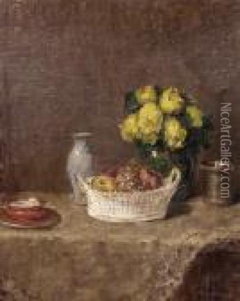 Blumenstilleben Mit Obstschale, Becher, Tasse Und Krug Auf Einemtisch Oil Painting - Wilhelm Blanke
