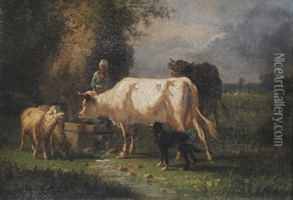 Hirtin Mit Kuhen Und Schafen Bei Der Tranke Oil Painting - Antonio Cortes Cordero