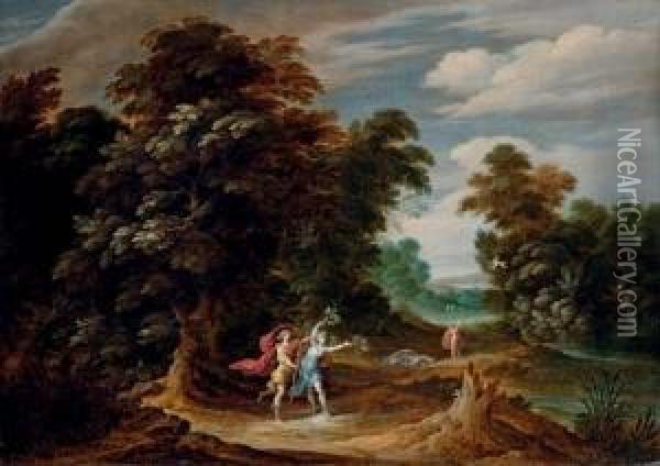 A Wooded Landscape With Scenes From The Story Of Apollo And Daphne Oil Painting - Alexander Keirincx