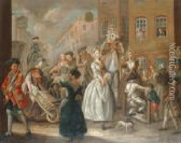 A Young Woman Walking Through A Crowded City Street Oil Painting - William Hogarth