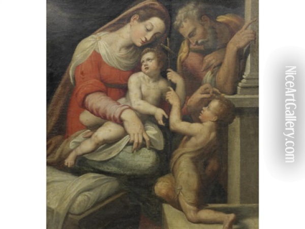 The Holy Family With The Infant Saint John The Baptist Oil Painting - Girolamo Siciolante Da Sermoneta