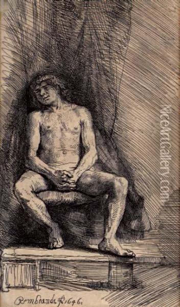 Homme Nu Assis Devant Un Rideau Oil Painting - Rembrandt Van Rijn