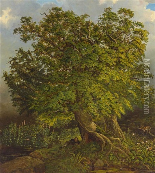 Machtige Eiche An Einem Teich Mit Sich Naherndem Damhirsch Oil Painting - Karl Wilhelm Tornau
