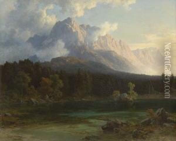 Am Badersee Bei Grainau. Oil Painting - Josef Schertel