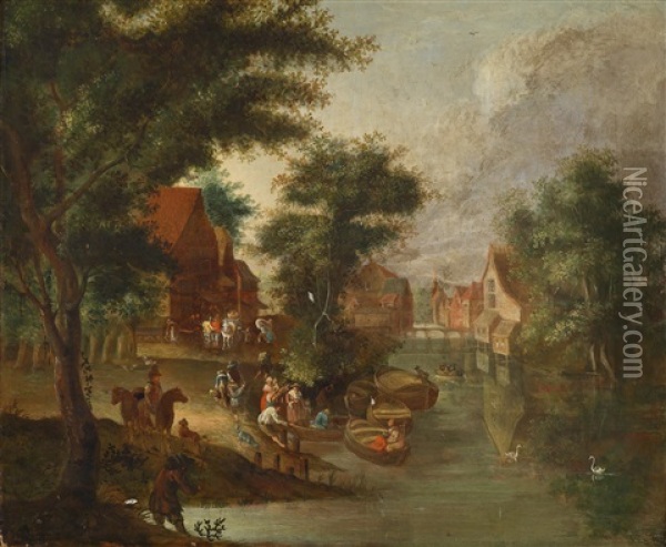 Eine Gesellschaft In Einem Am Ufer Eines Kanals Gelegenen Dorf Oil Painting - Peter Gysels