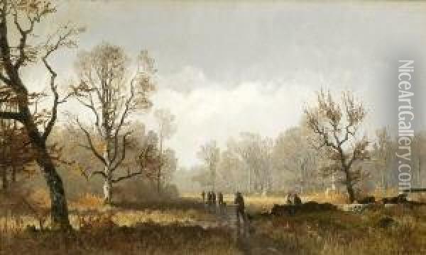 Herbstliche Baumlandschaft Mit
 Jagern. Oil Painting - Joseph Wenglein