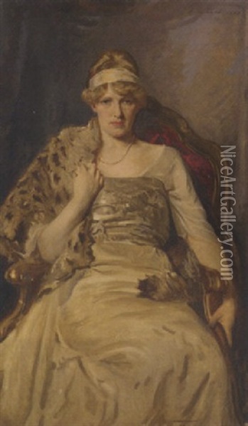 Portrait Of A Lady In A White Dress And Fur Shawl Oil Painting - Reginald Grenville Eves