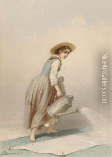 Woman With A Watering Can Oil Painting - Ferdinand Marohn