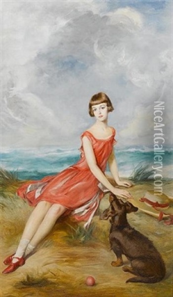 Portrait Of A Young Girl With Her Dog By The Sea Oil Painting - Adolf Pirsch