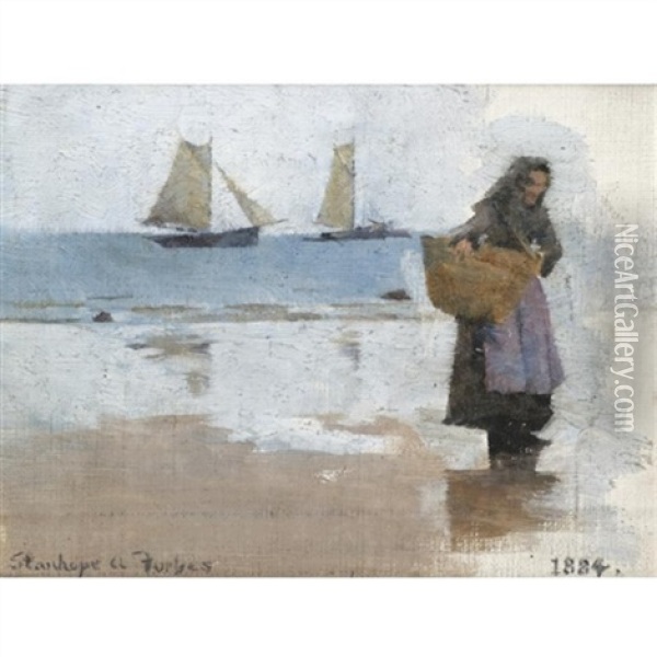 Study For A Fish Sale On A Cornish Beach Oil Painting - Stanhope Forbes