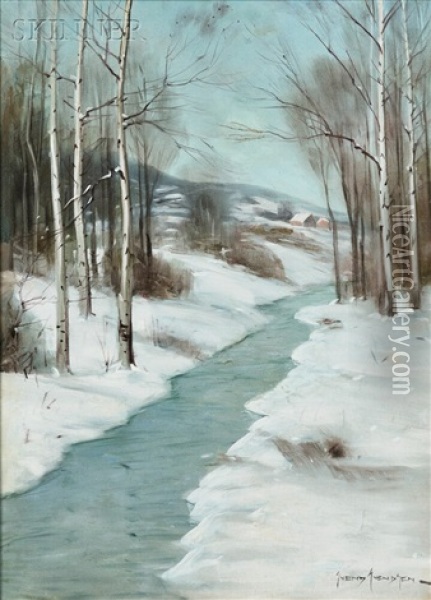 Stream In Winter Oil Painting - Svend Rasmussen Svendsen