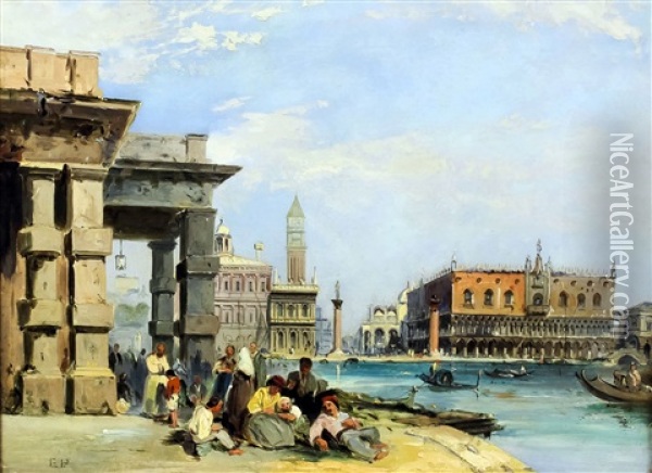 View Of St. Mark's Square And The Doge's Palace, Venice, With Figures Gathered On The Steps Of Punta Della Dogona Di Mare Oil Painting - Edward Pritchett
