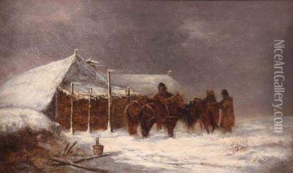Winter Landscape With Figures And Horses Oil Painting - Thomas Smythe