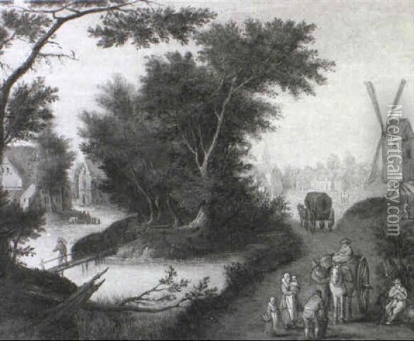 Wooded Landscape With Peasants Unloading A Cart Oil Painting - Joseph van Bredael