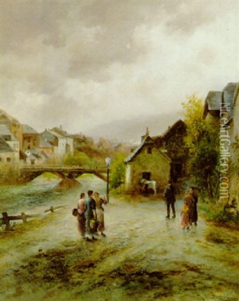 Ein Kleiner Plausch Am Weg Ins Dorf Oil Painting - Emil Barbarini