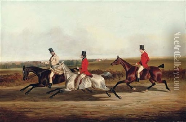 Group Portrait Of Lord Durham, Ralph Lambton And Billy Williamson, Riding To A Meet Oil Painting - John Dalby