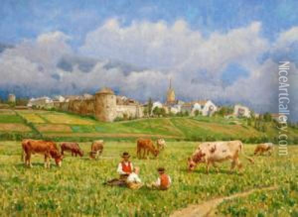 Idillio Pastorale Con Paesaggio Rurale Sullo Sfondo Oil Painting - Stefan Simony
