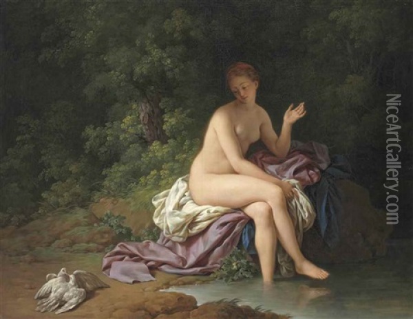 A Lady Bathing By A River, With Two Turtledoves Oil Painting - Louis Jean Francois Lagrenee