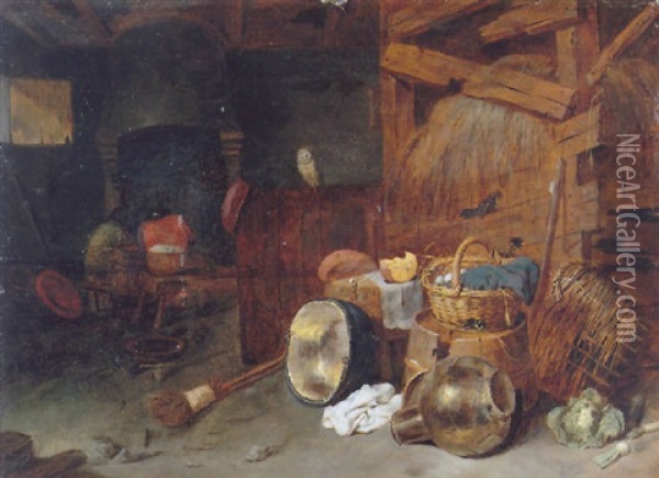The Interior Of A Barn With A Still Life Of A Basket Of Eggs And Kitchen Utensils In The Foreground Oil Painting - David Ryckaert III