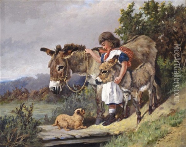 A Girl With Donkeys And A Dog Oil Painting - Arthur Batt
