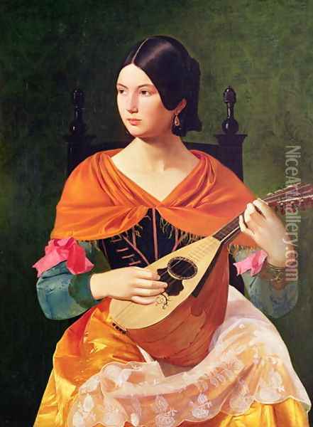 Young Woman with a Mandolin Oil Painting - Vekoslav Karas