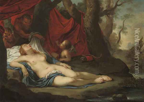 A wooded river landscape with two satyrs discovering the sleeping Diana with Cupid Oil Painting - French School