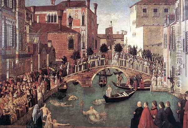 Miracle of the True Cross near San Lorenzo Bridge (Miracolo della croce) Oil Painting - Gentile Bellini
