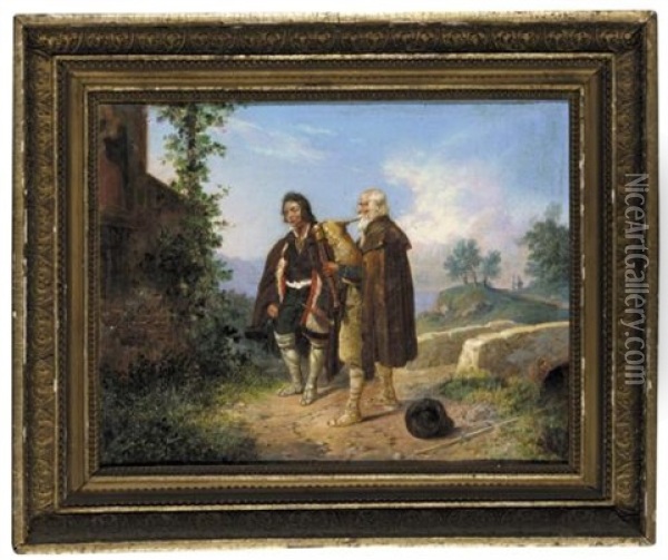 Two Peasants, One With Bagpipes By A Bridge (zwei Bauern Mit Dudelsack Nahe Einer Brucke) Oil Painting - Ludwig (Georg L.) Vogel