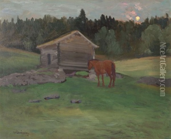 Landskap Med Hest Og Uthus Oil Painting - Christian Eriksen Skredsvig