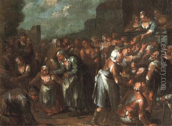 A Lady Distributing Bread To The Poor Oil Painting - Lucas Janszen de Wael
