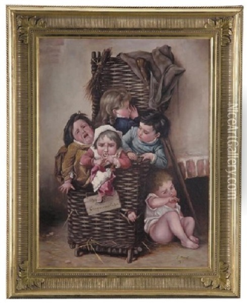 Ffive Young Children In A Basket Oil Painting - Eduard Heinel