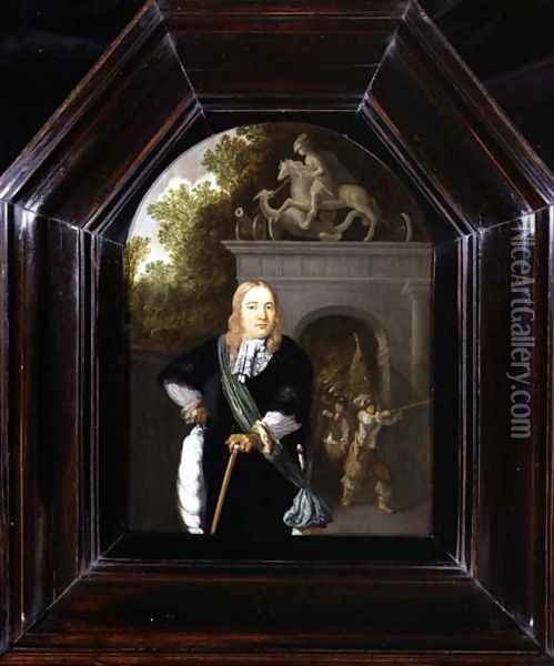 Portrait of Captain Jacobus Van Der Burgh standing before the Doeler Poort, Leiden Oil Painting - Dominicus van Tol