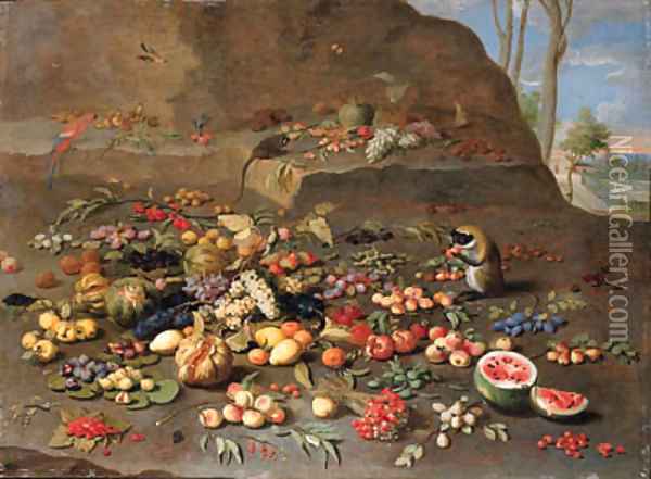 Apples, peaches, oranges, melons, pomegranates, plums, cherries, figs, grapes, pears, a water melon and other fruit on a hillside with monkeys Oil Painting - Jan van Kessel