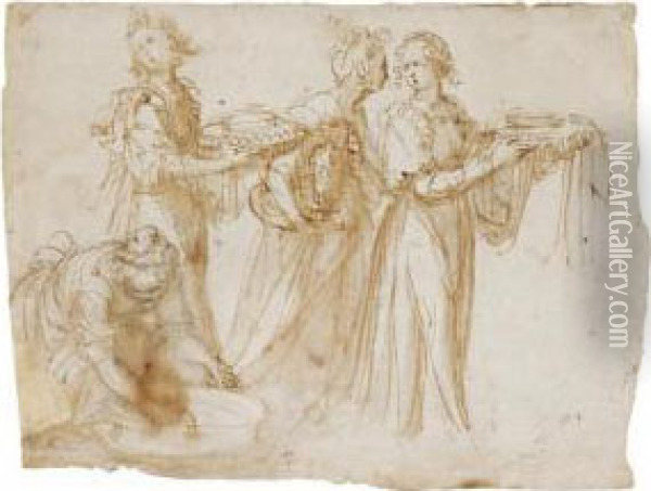 Studies Of Four Women Carrying Vessels At The Scene Of A Birth Oil Painting - Guglielmo Caccia