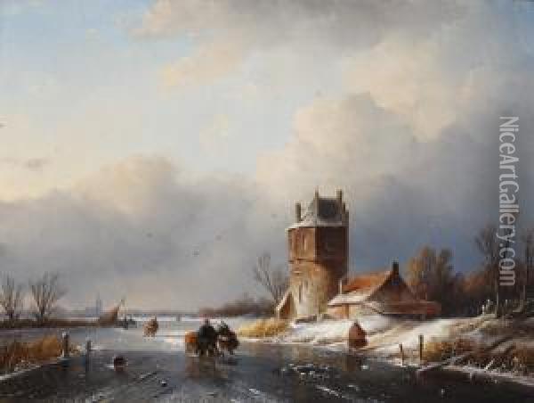 Winter Landscape With Ice Skaters Oil Painting - Jan Jacob Coenraad Spohler