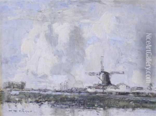 Mill On Zaandann Oil Painting - William Alfred Gibson