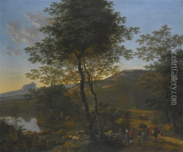 Italianate Wooded River Landscape With Travellers And Their Mules On A Path, A Shepherd And His Flock, And A Mountain Beyond Oil Painting - Willem de Heusch